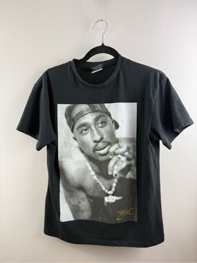 2Pac Tupac Shakur Graphic Portrait T-Shirt Black Gold Foil Men's Unisex Small⁠